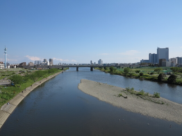 川崎市中原区の武蔵小杉と多摩川の画像